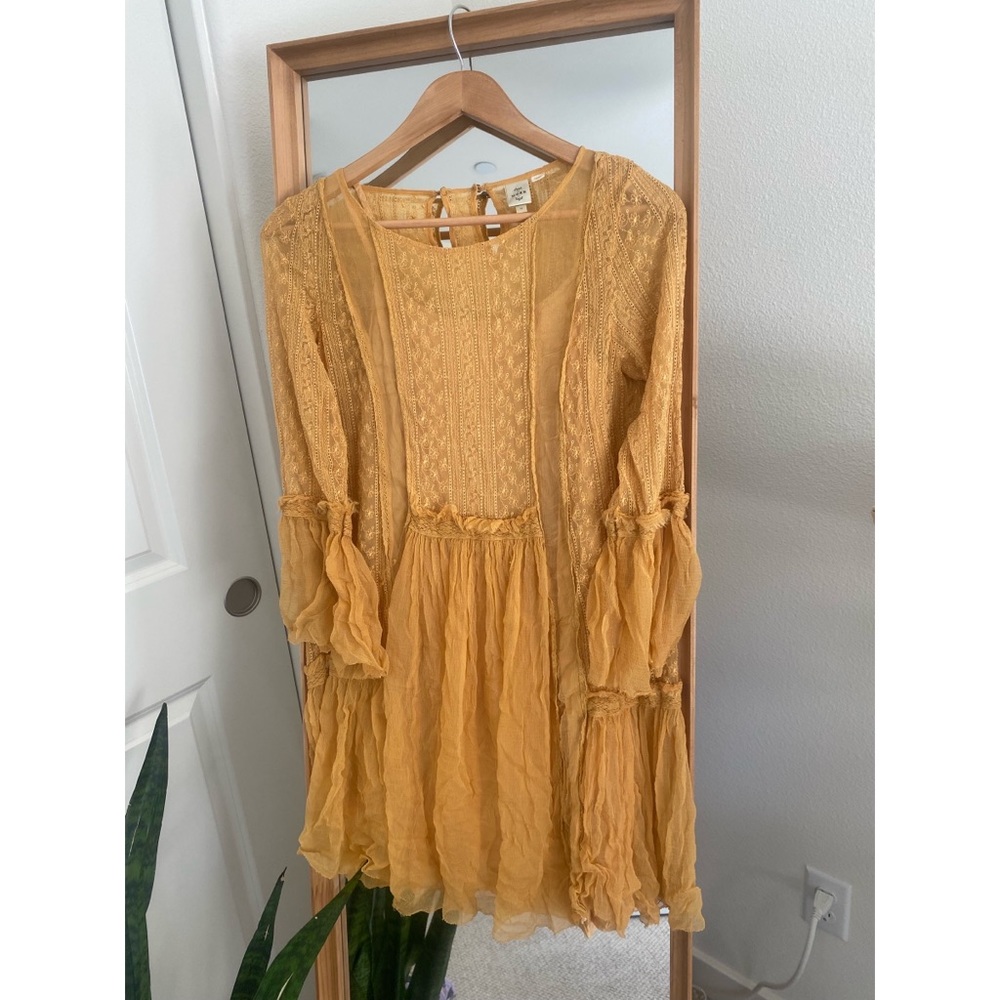 Anthropologie Golden Yellow Embroidered Dress